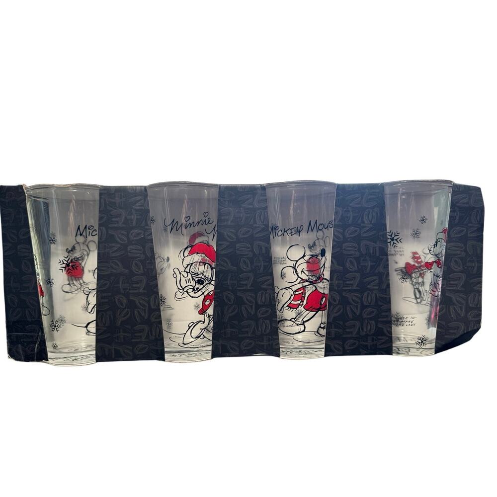 4 Disney Mickey Minnie Mouse Christmas Sketchbook Pint Glass Tumbler Set Holiday